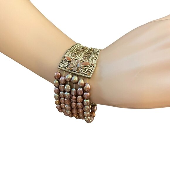 Vintage Multi-Strand Bronze Freshwater Pearl Bracelet w/Ornate Floral Inlay